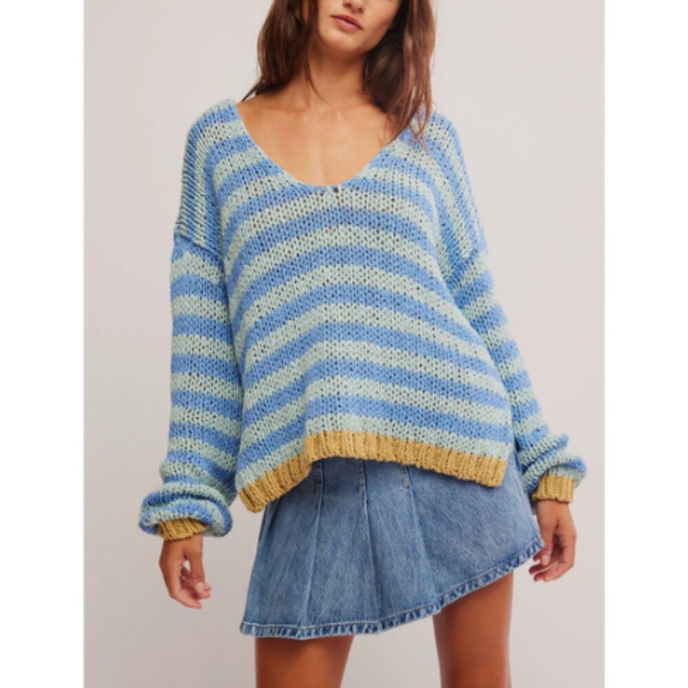 Free People Blue and Light Blue Striped V-Neck Sweater with Gold Trim